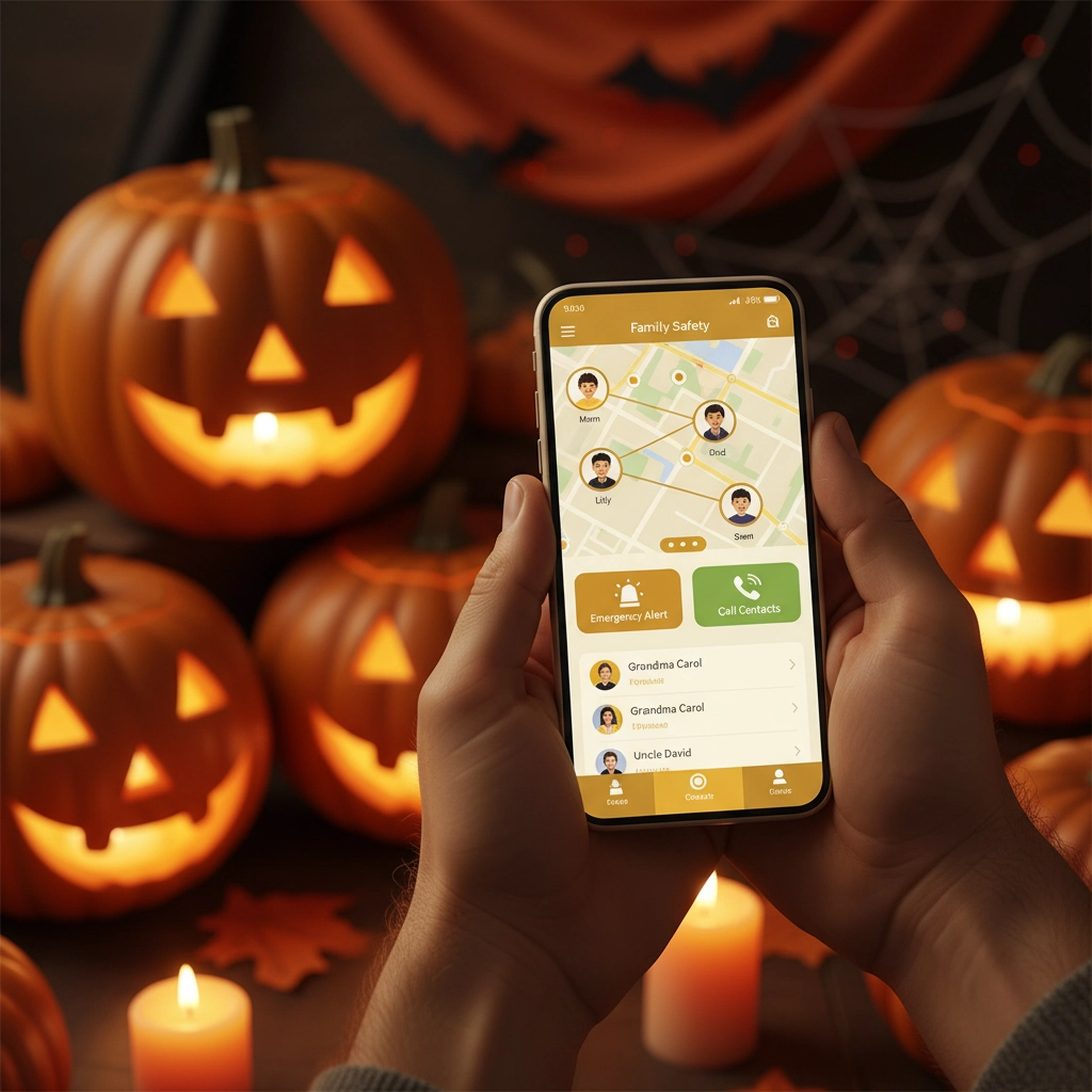 Picture of lighted jack o' lanterns, with a pair of hands holding a cell phone showing a group location app. Boo! the Ultimate Guide for a Safe and fun Halloween 2025