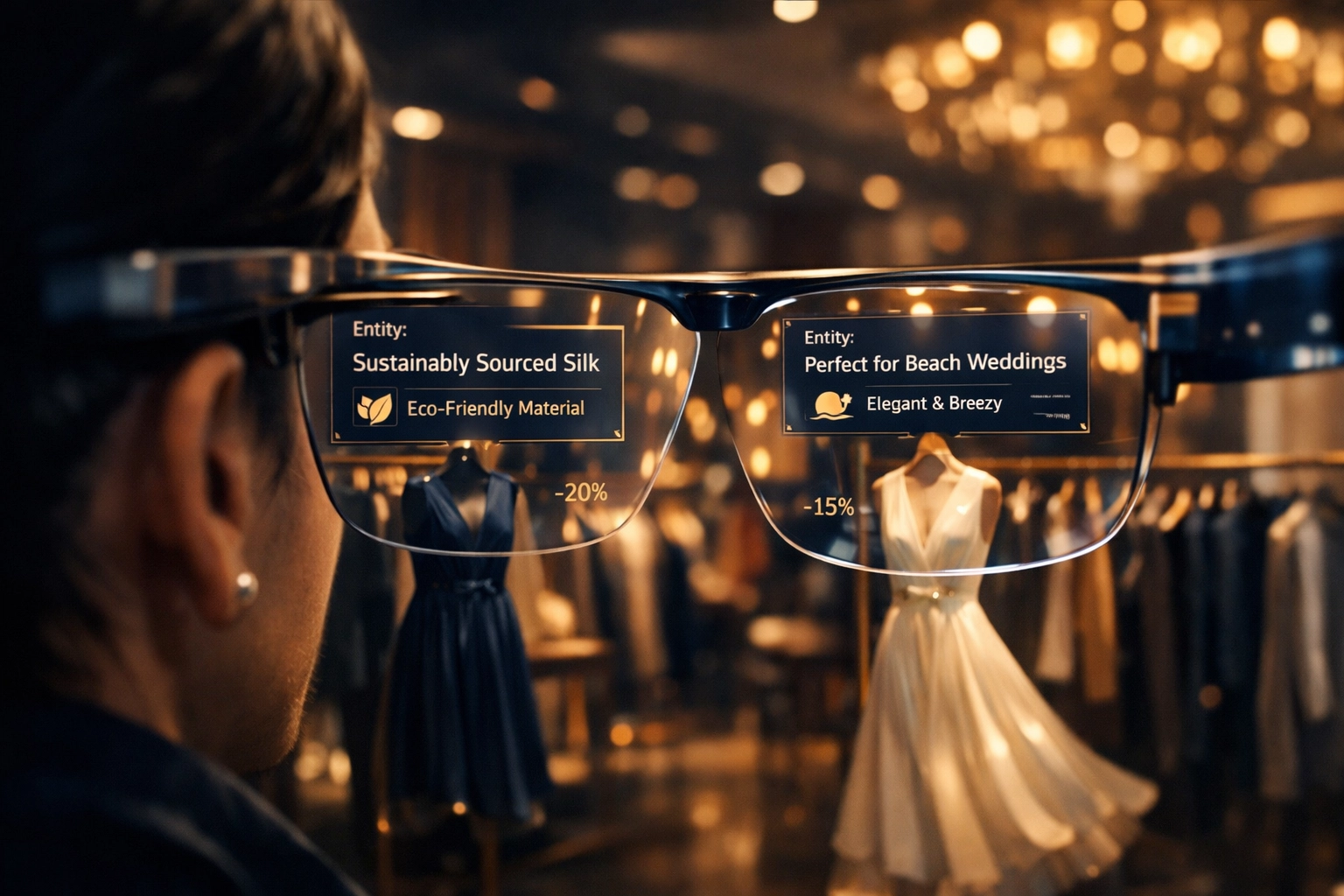Digital AR interface overlaying product data in a store, representing AI-driven entity discovery.