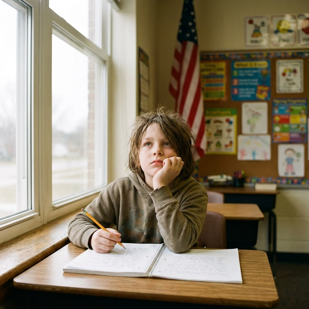 Focused student writing a personal pledge at their desk in a patriotic classroom setting