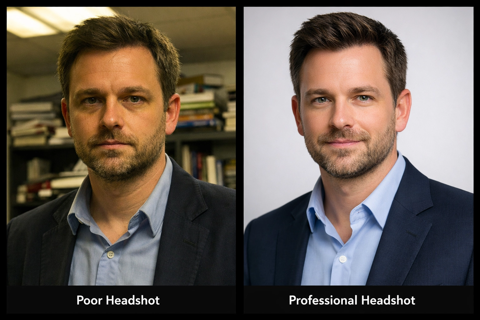Comparison showing how to fix common professional corporate headshot lighting and background mistakes.