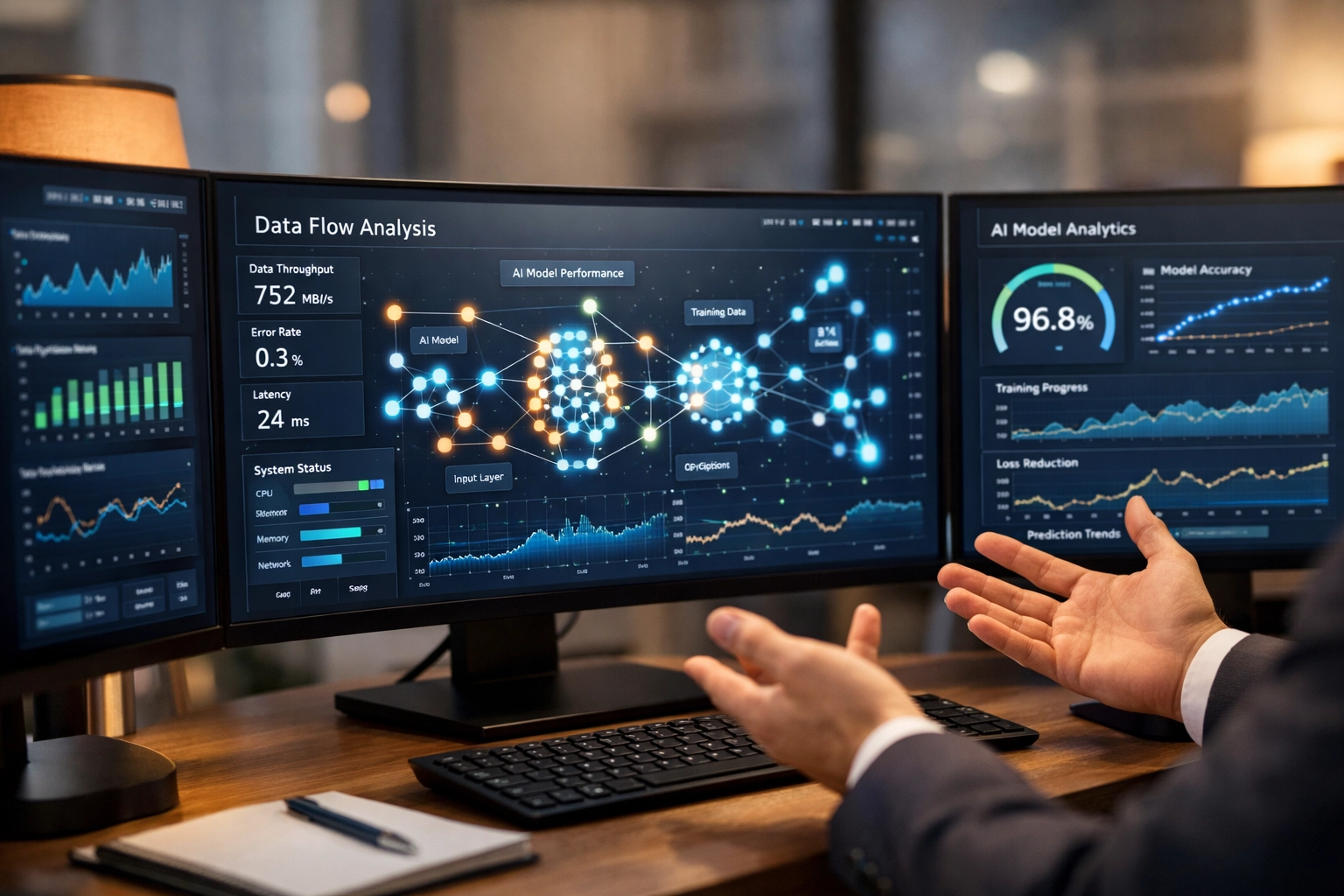 AI performance dashboard showing data metrics and model analytics for exit due diligence