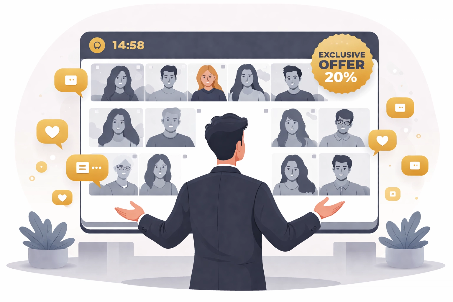 Presenter hosting a live shoppable video event with engaged audience and exclusive livestream offers