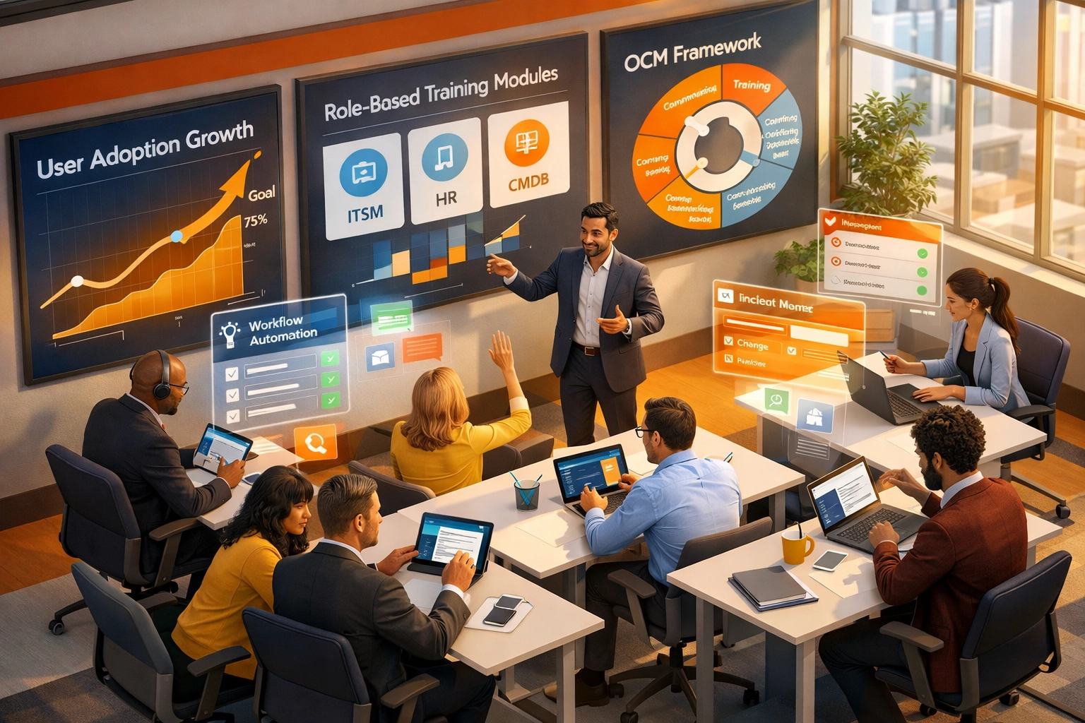 ServiceNow training session showing user adoption metrics and organizational change management