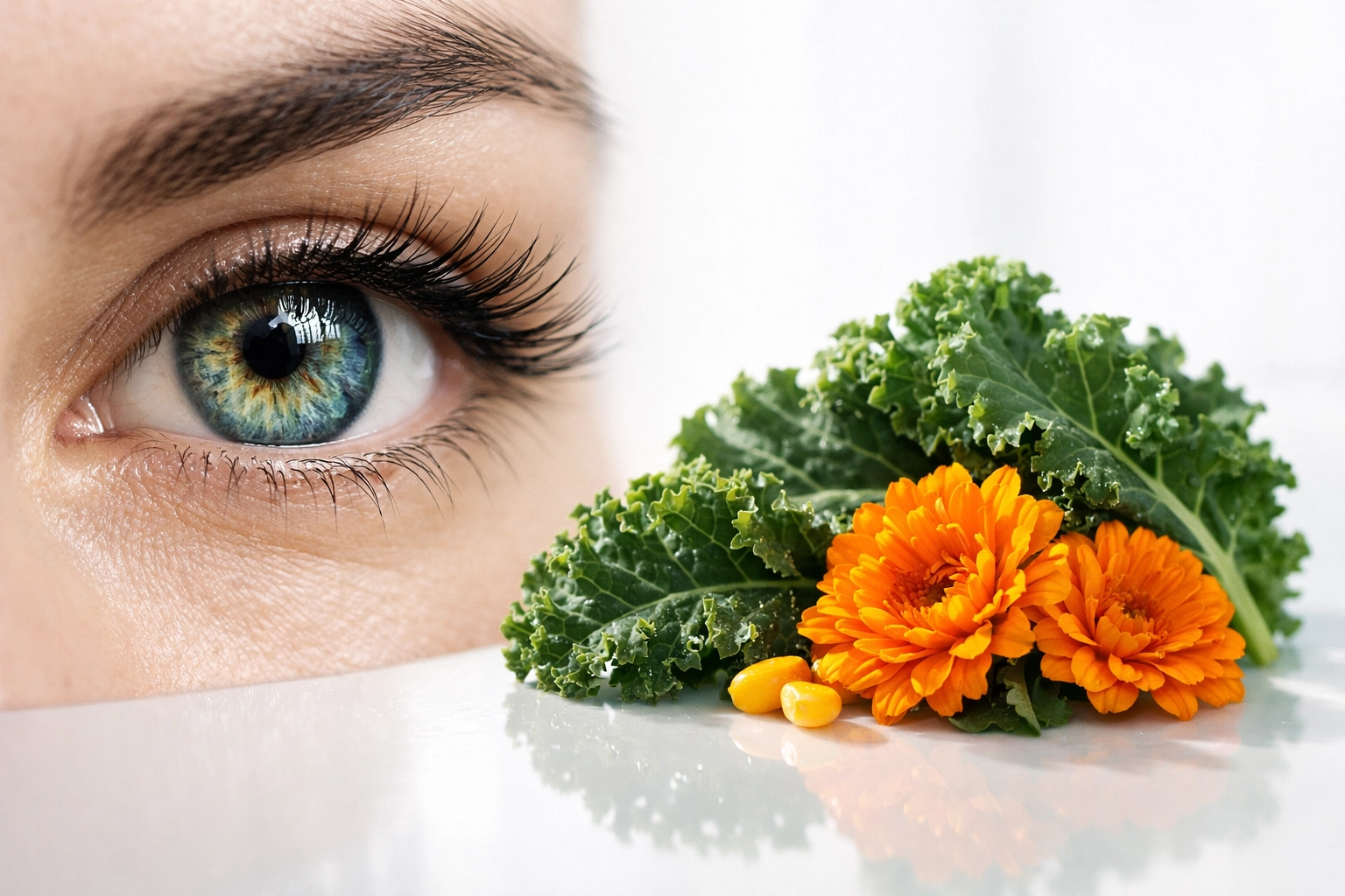 Healthy human eye next to kale and marigolds, natural sources for lutein complex supplement.