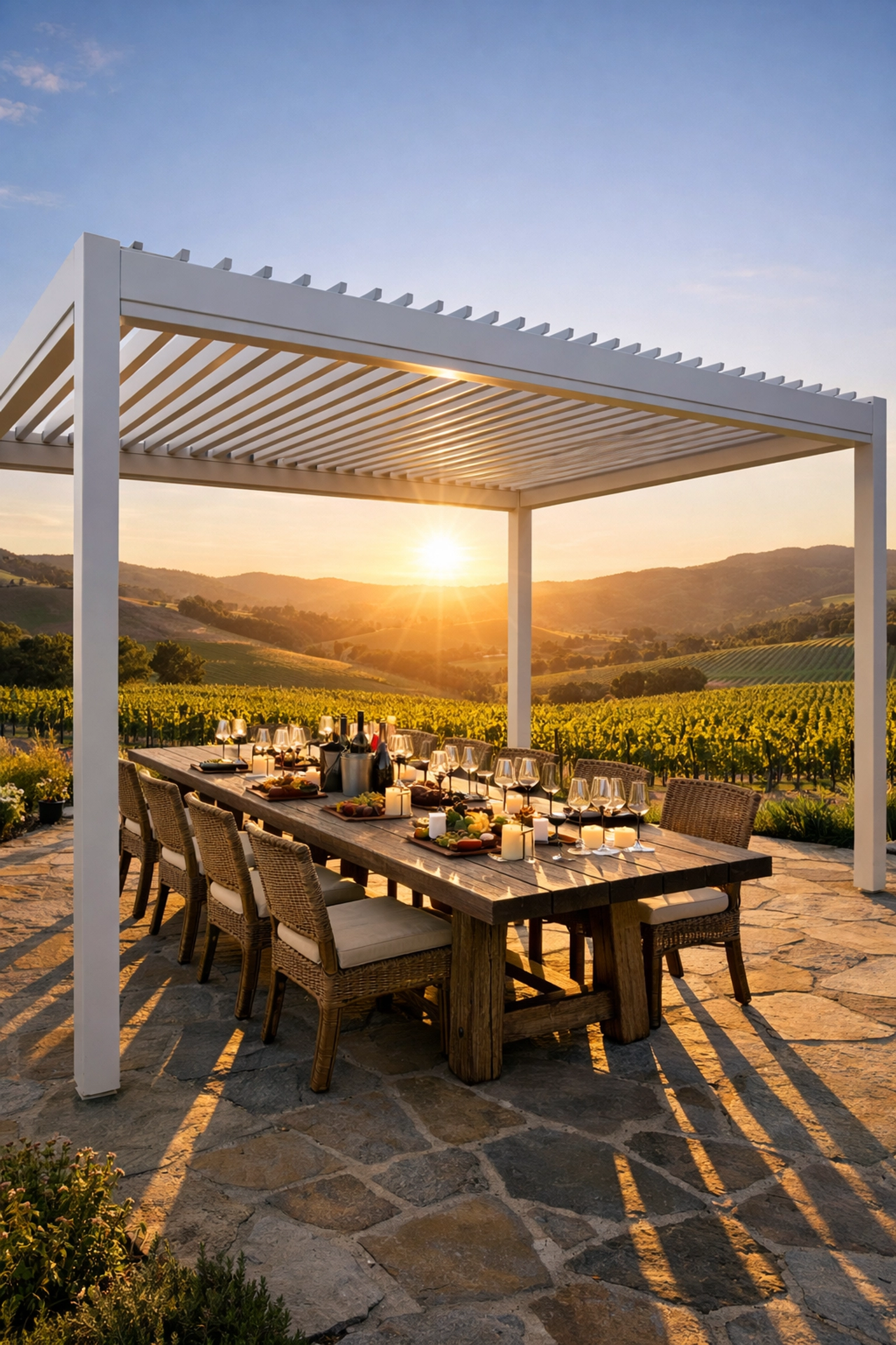 A white aluminum louvre pergola at a luxury vineyard providing a versatile outdoor wine tasting space.