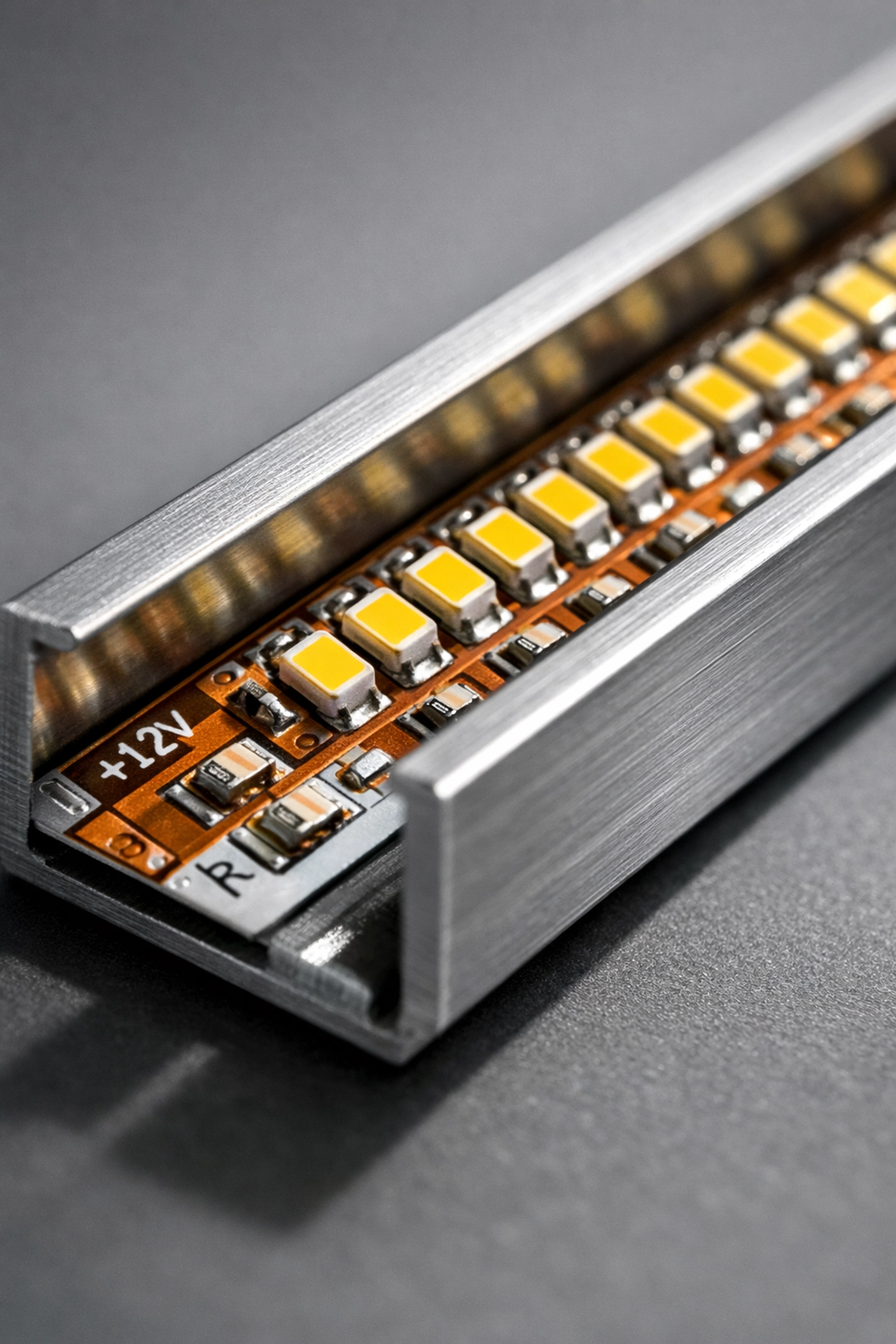 Close-up of a high-density LED strip inside an aluminum channel for custom cabinet lighting.