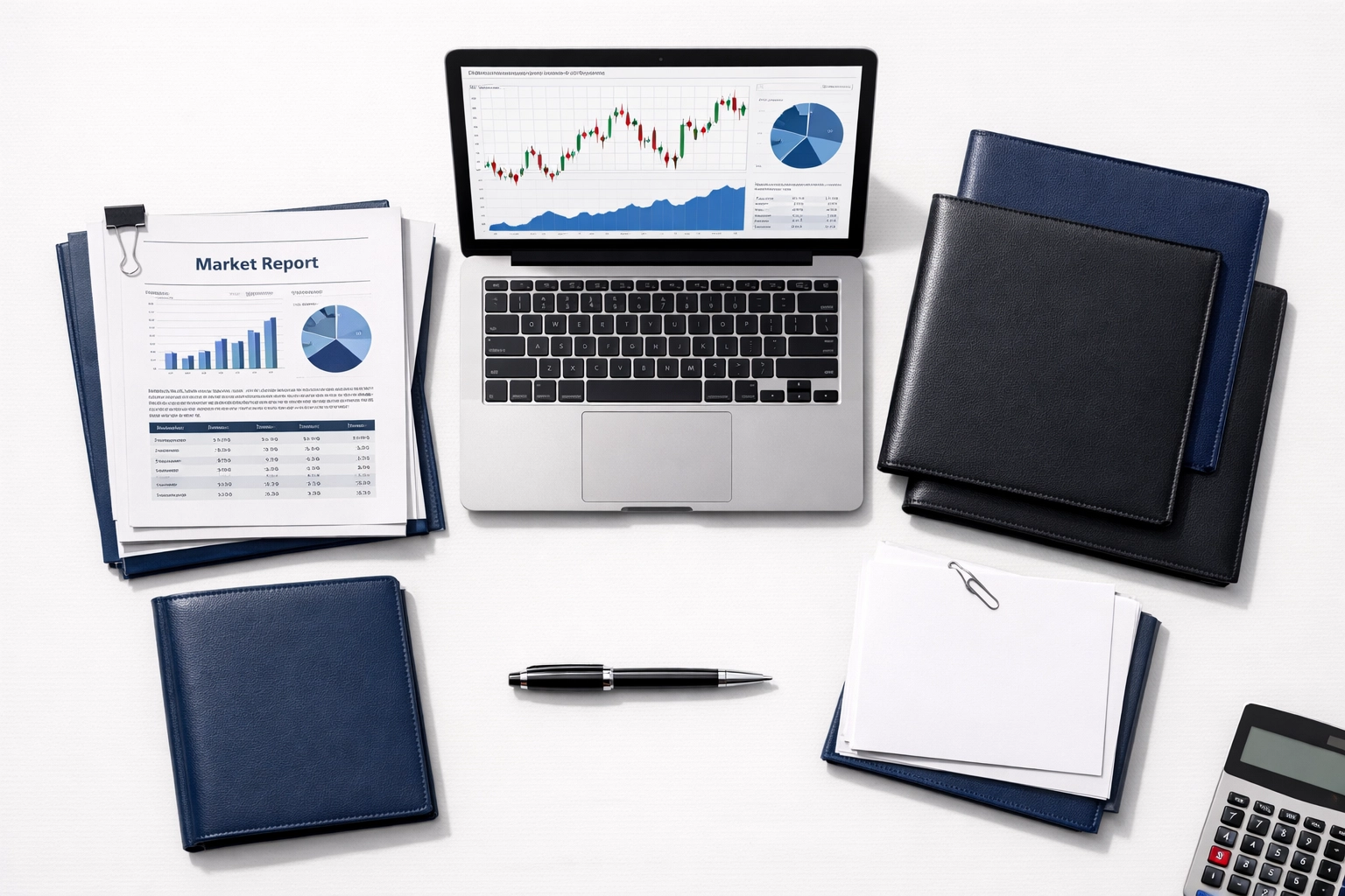 Organized business documents and financial reports for exit preparation