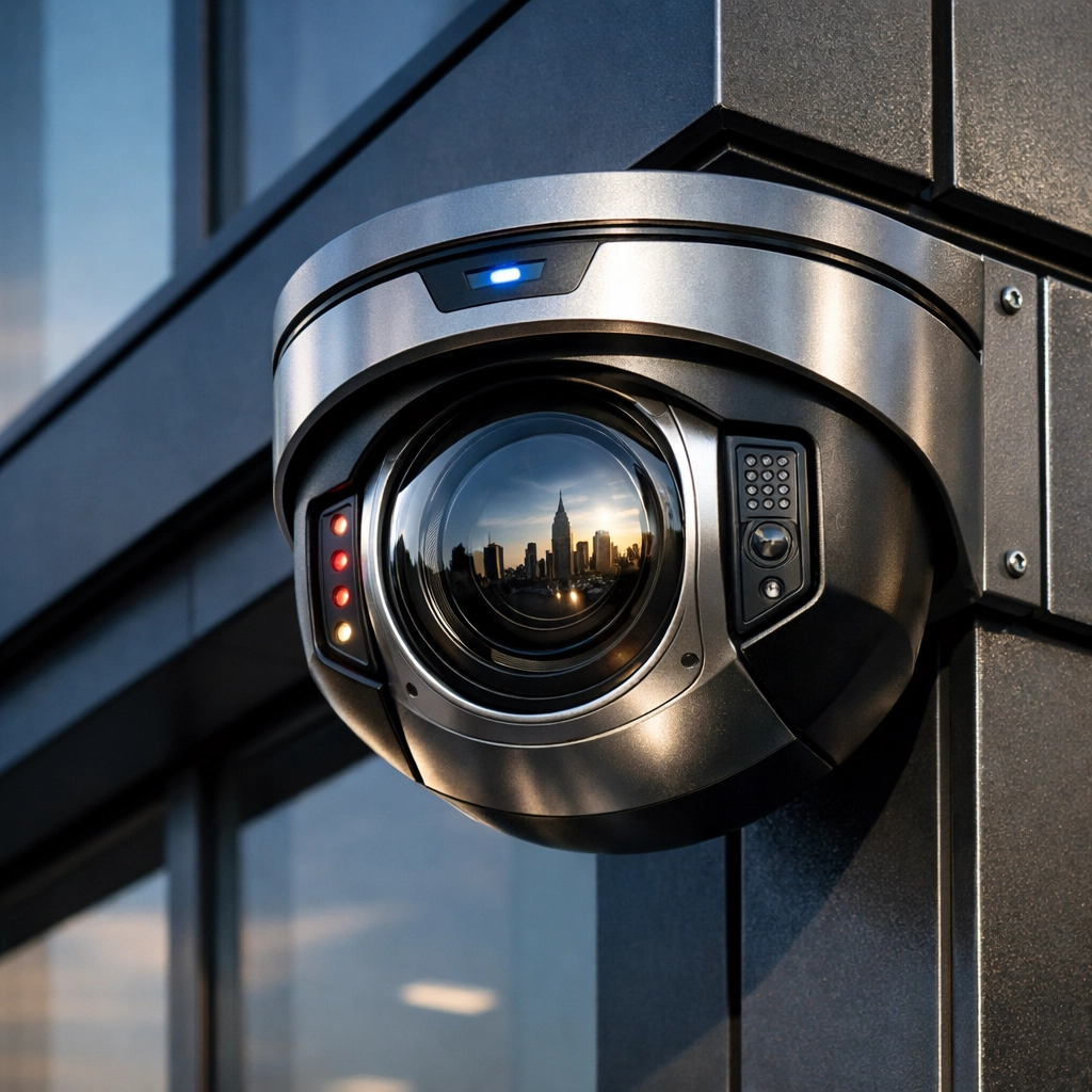 Modern AI security camera mounted on a commercial building for advanced threat detection and monitoring.