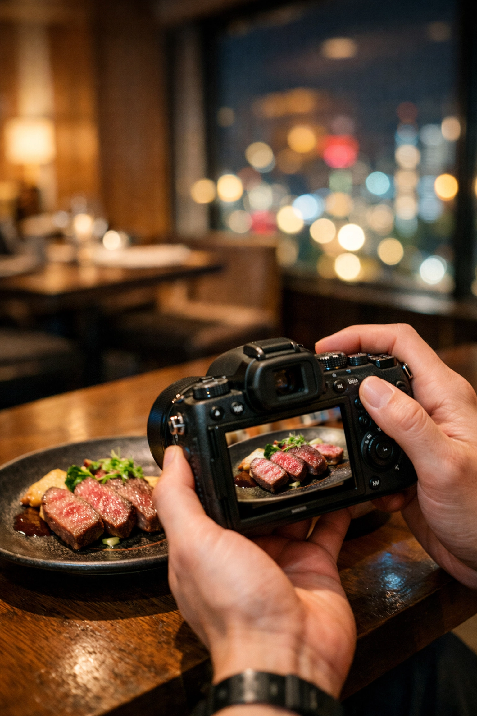 Photographer using a professional camera to snap a photo of wagyu beef at a Tokyo restaurant.