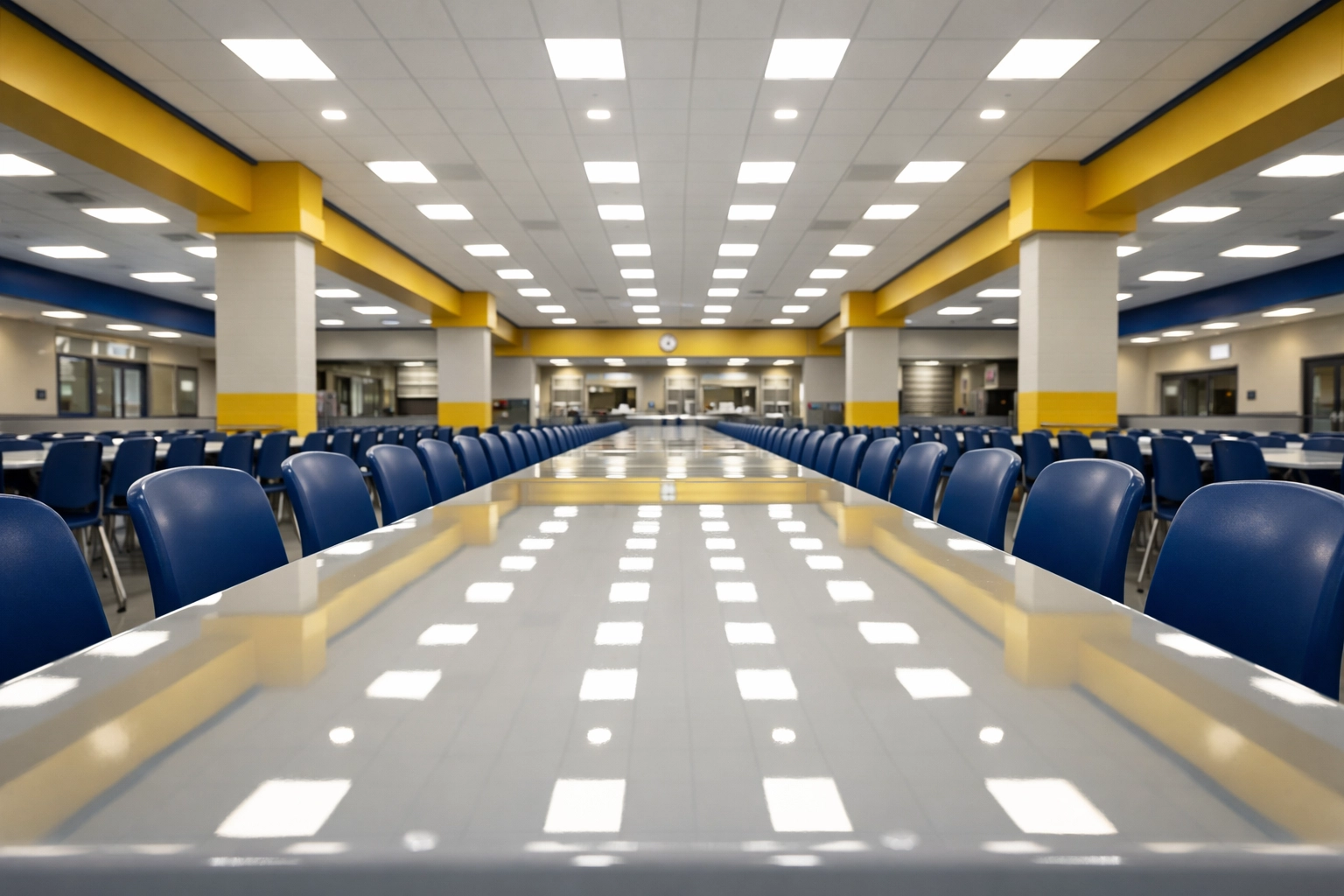 Shiny, sanitized school cafeteria tables in Lancaster showing professional commercial cleaning results.