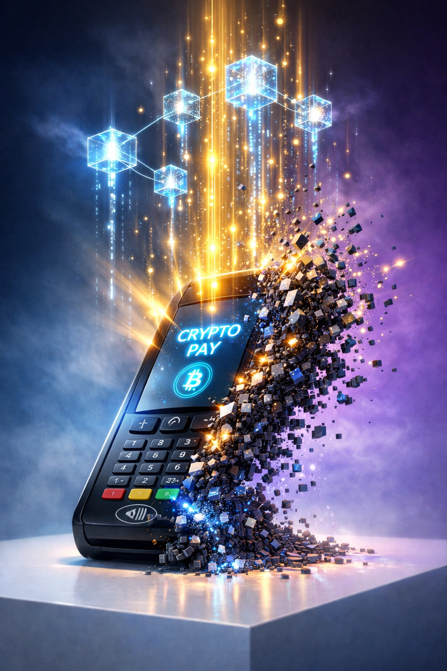 Futuristic crypto payment terminal transforming into blockchain network, showing digital payment evolution