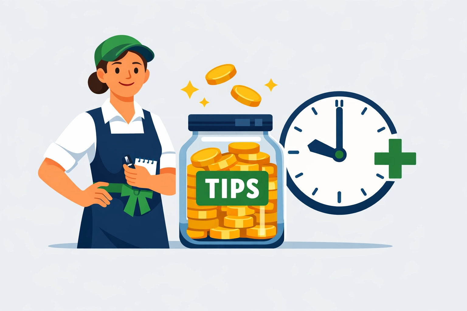 Flat design illustration of tax-free tip and overtime income benefits for the 2026 tax season.