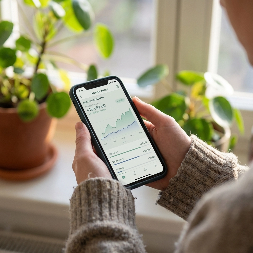 Person in sweater holds smartphone displaying investment app with graphs. Green plants in pots visible in bright, cozy room.