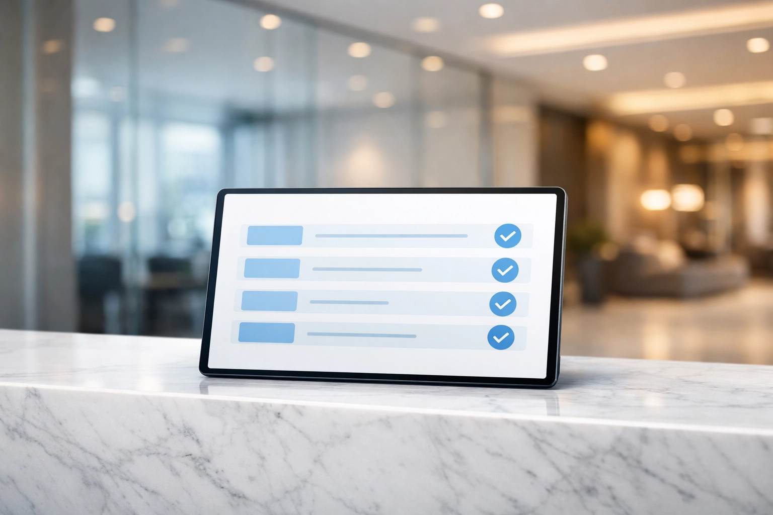 Digital building maintenance checklist on a tablet at a modern office reception desk.
