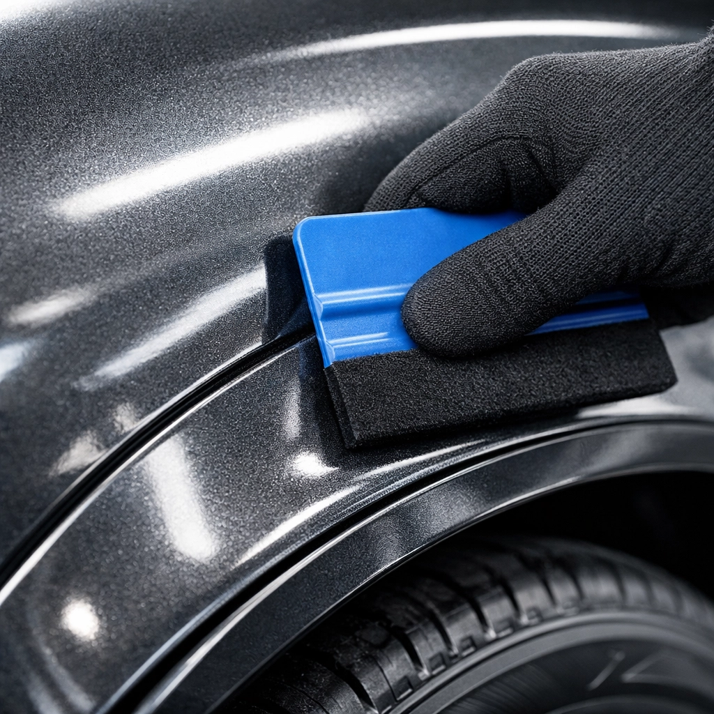 Professional car wrap installation showing a technician applying high-gloss vinyl with a precision squeegee.