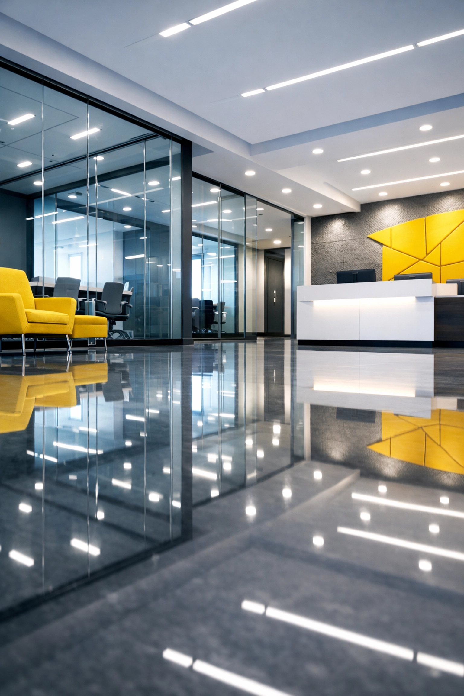 Spotless commercial office lobby in Natick with reflective floors after expert post-construction cleaning services.