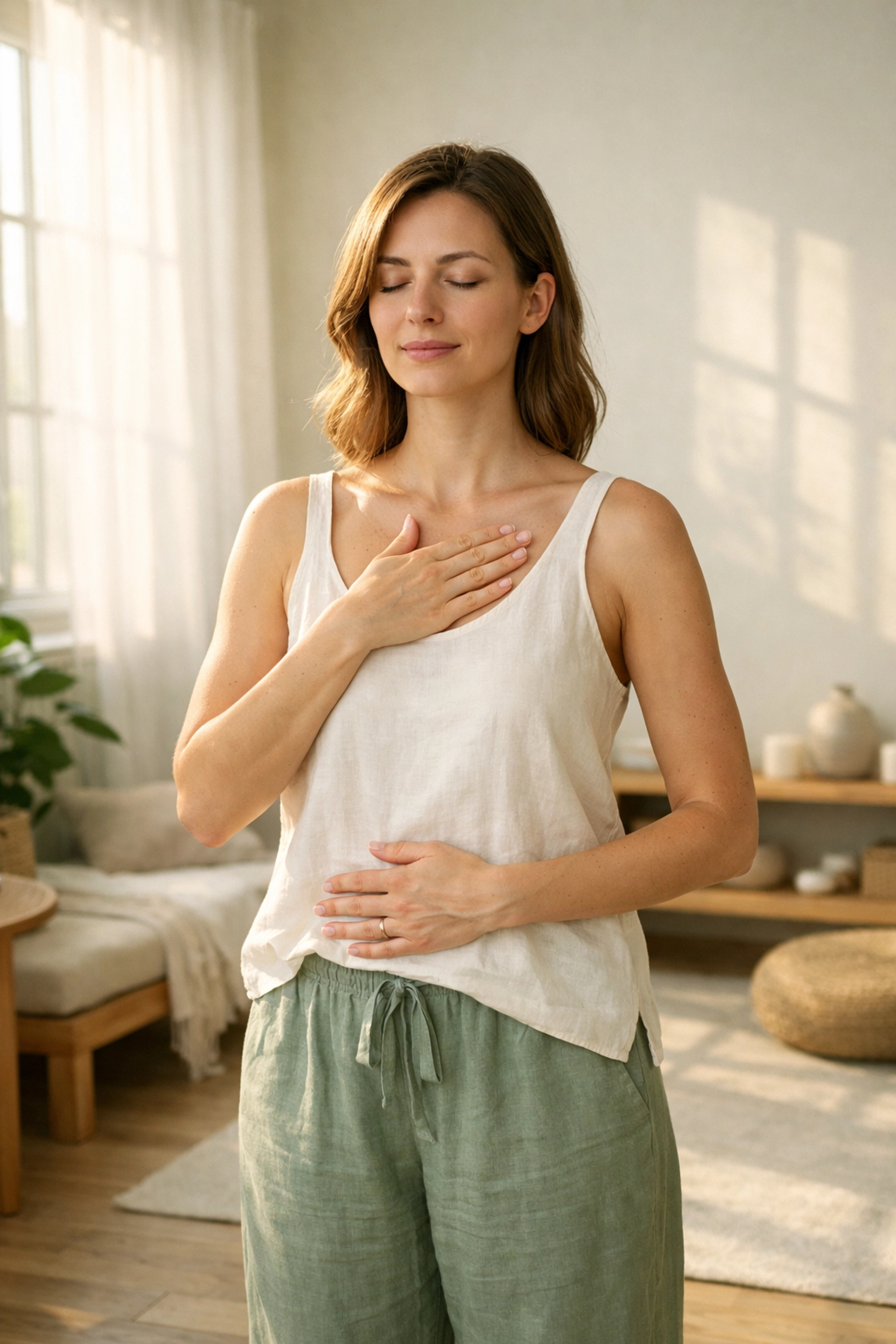 Woman practicing mindful movement and somatic breathing for body reconnection coaching.