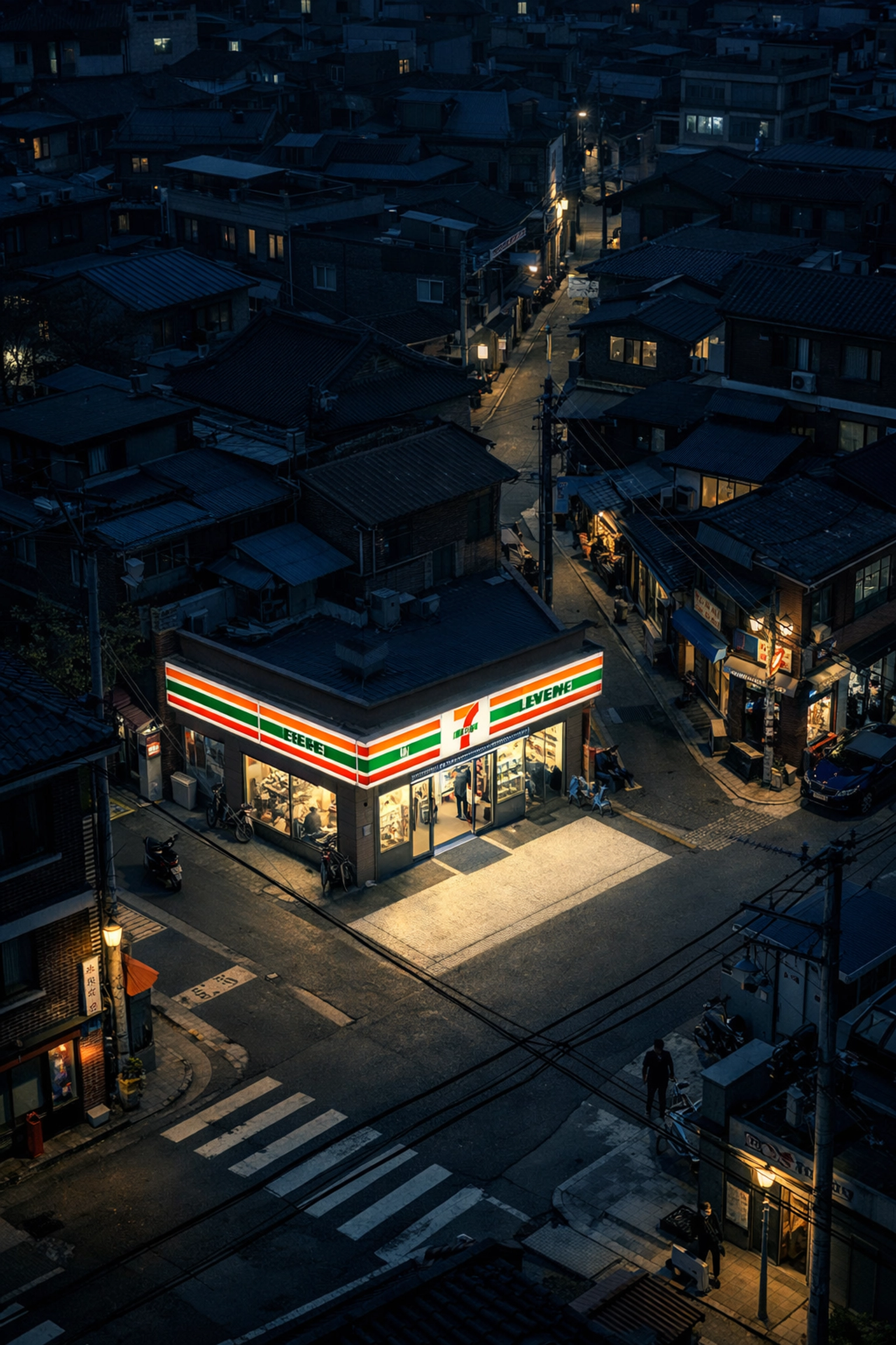 High-angle night view of a glowing 7-Eleven Korea store acting as an urban node in a Seoul neighborhood.