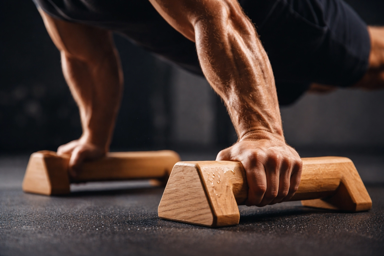 Close-up of strong hands gripping wooden parallettes during a planche, showcasing durable calisthenics equipment for home