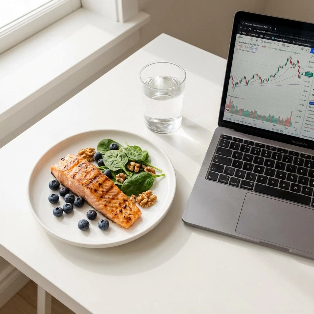 Salmon, spinach, walnuts, and blueberries on a plate beside a laptop displaying stock charts. Glass of water on a white table by a window.
