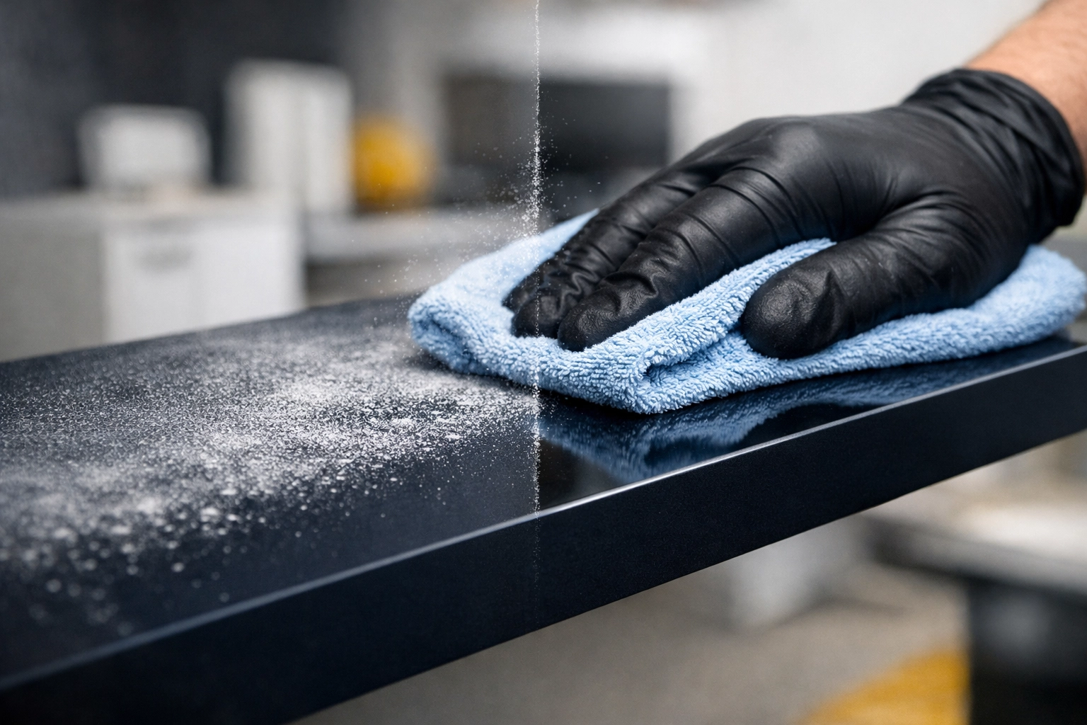 Removing fine drywall dust from shelves during professional post-construction cleaning services.