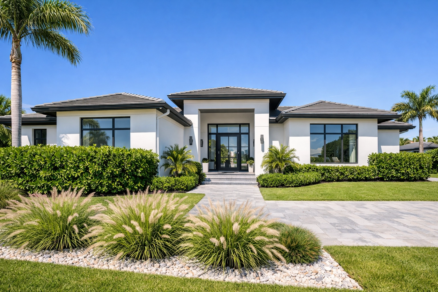 Luxury Sarasota landscape design with properly spaced Clusia hedges and ornamental grasses.