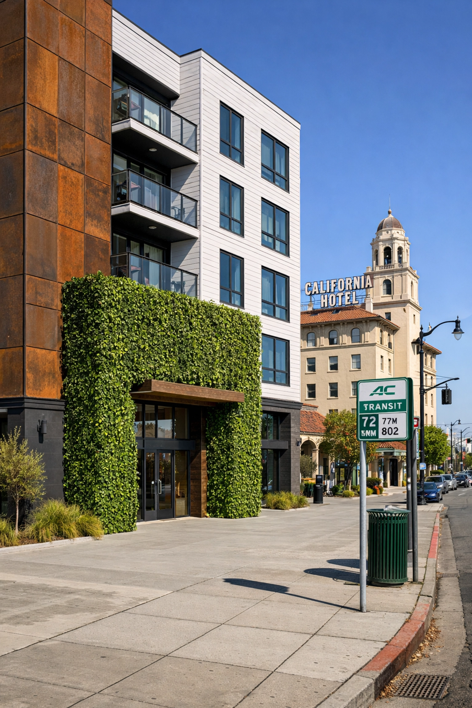 Modern affordable housing design with a vertical ivy wall on San Pablo Avenue in West Oakland.