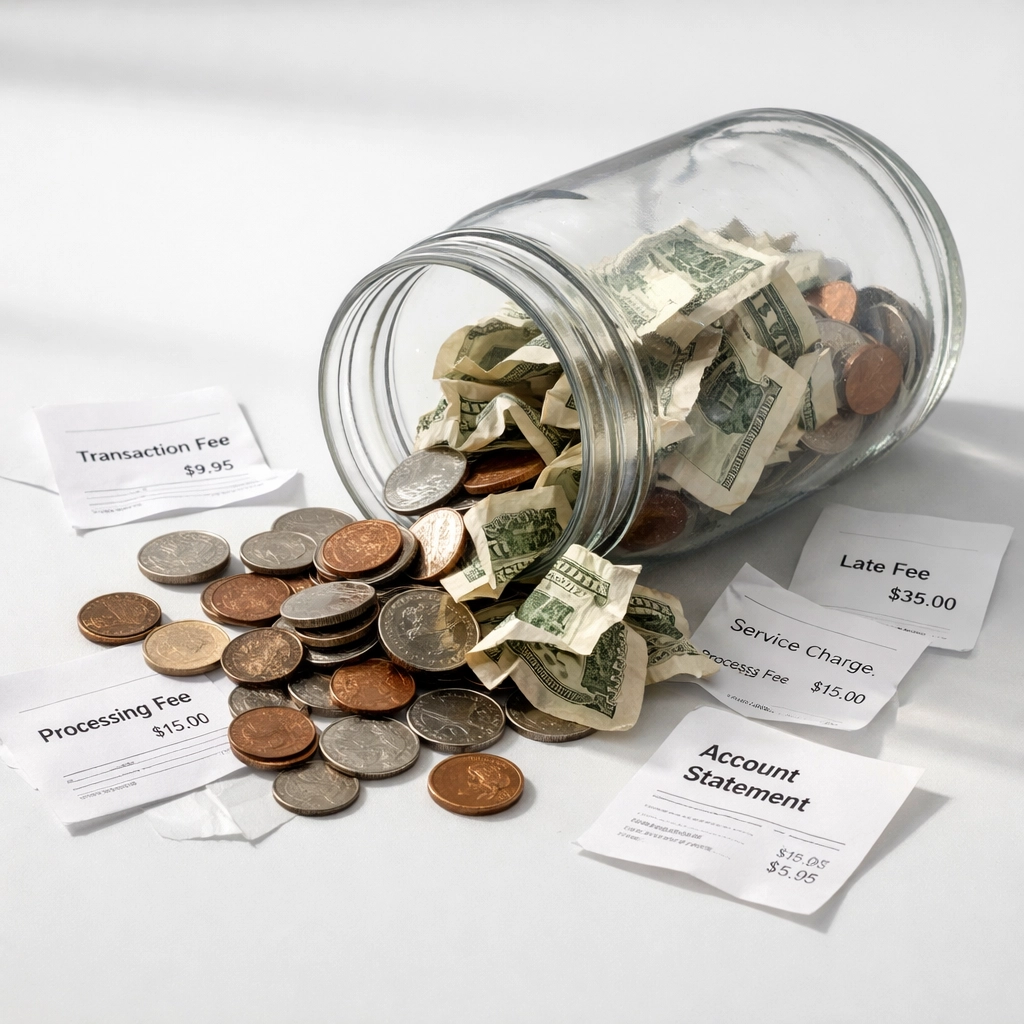 Money and receipts spilling from jar representing hidden tax refund fees