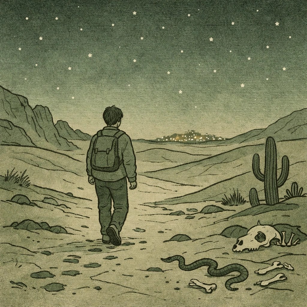 LGBTQ+ refugee crossing desert at night on dangerous journey from Gaza to Europe seeking asylum