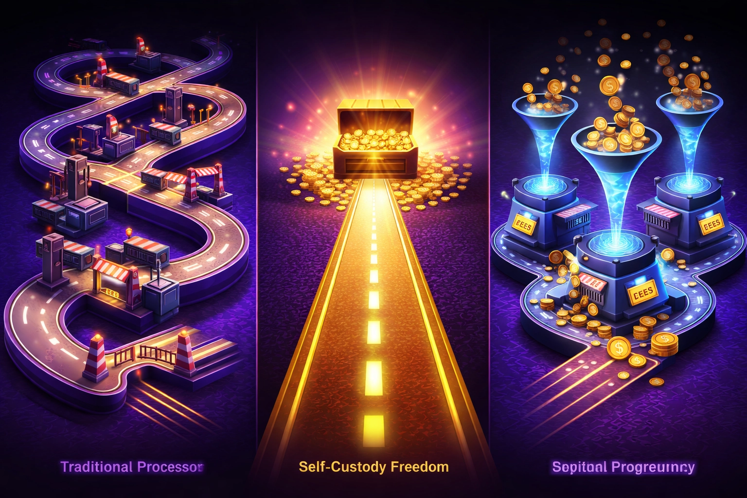 Visual comparison of self-custody payments vs. traditional payment processors, emphasizing merchant independence and fee savings