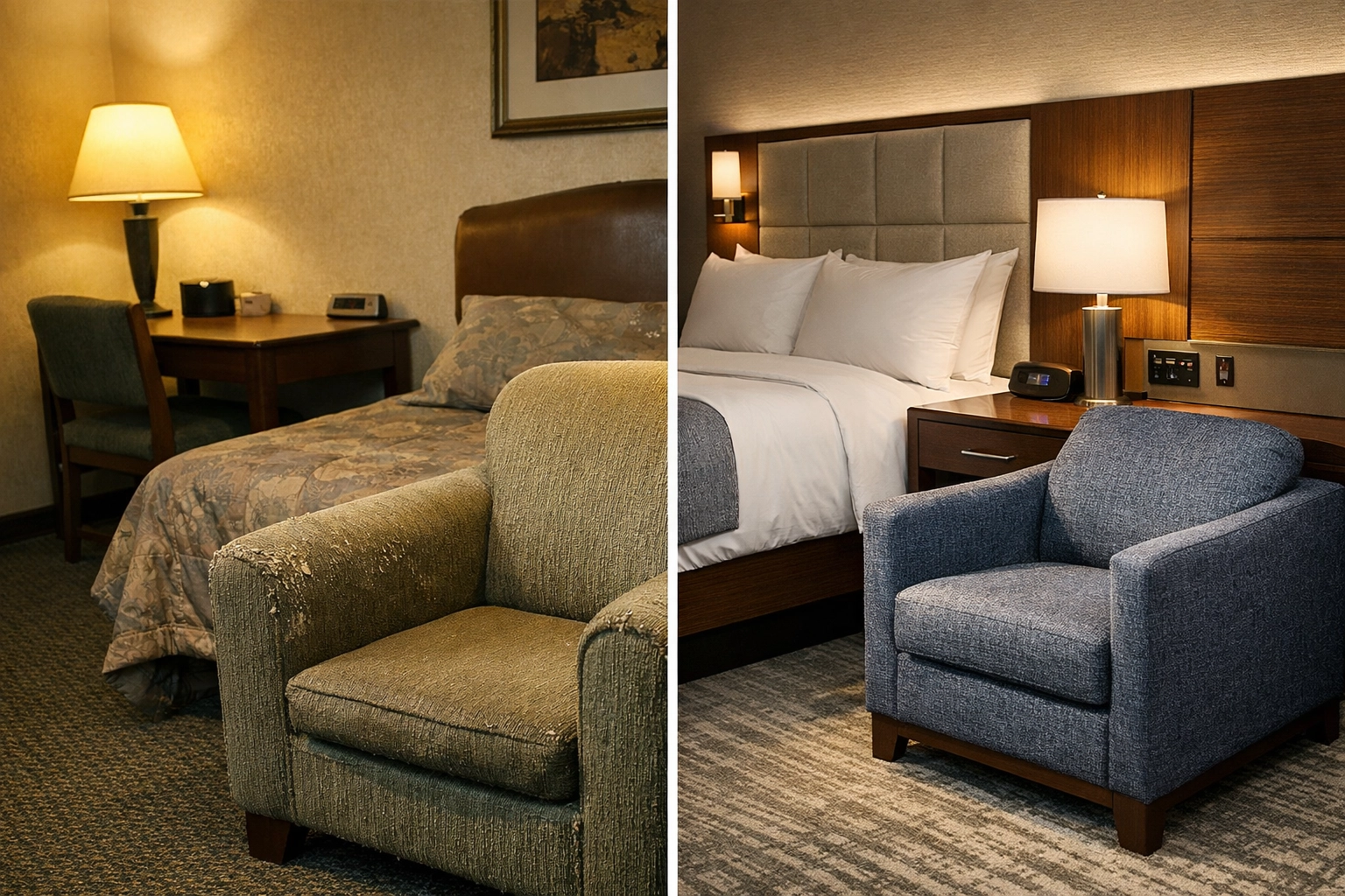 Side-by-side comparison showing worn brand furniture versus durable custom hospitality pieces