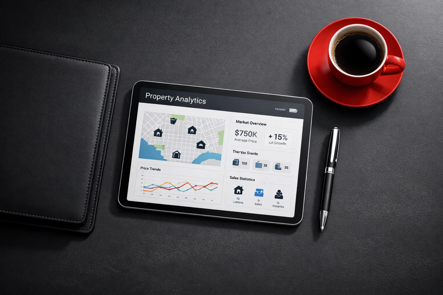 Modern real estate agent desk with tablet showing property analytics and professional tools