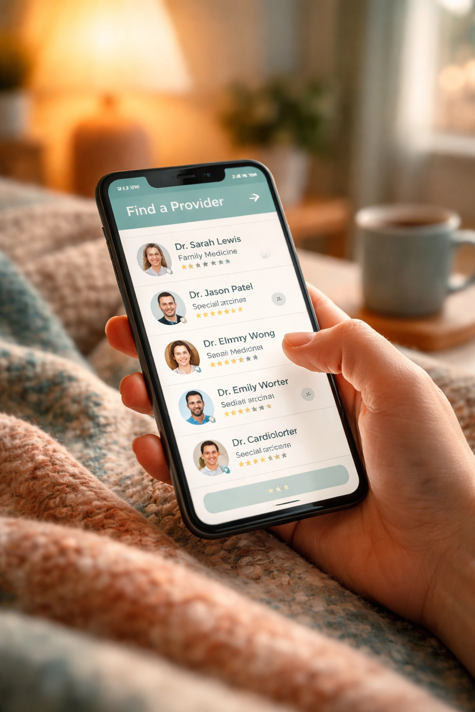 Person searches for gender-affirming healthcare providers on smartphone in a cozy, empowering home setting.