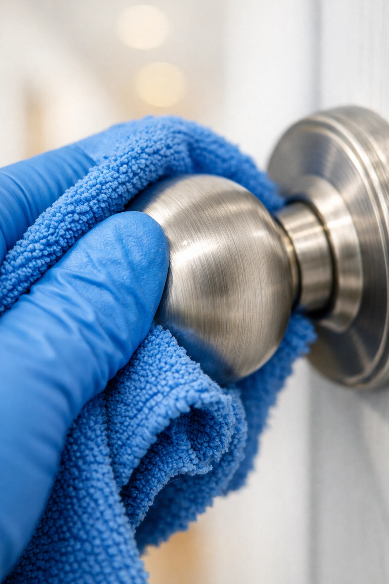 Professional cleaner sanitizing a doorknob with a microfiber cloth for move-in cleaning in Nashua.