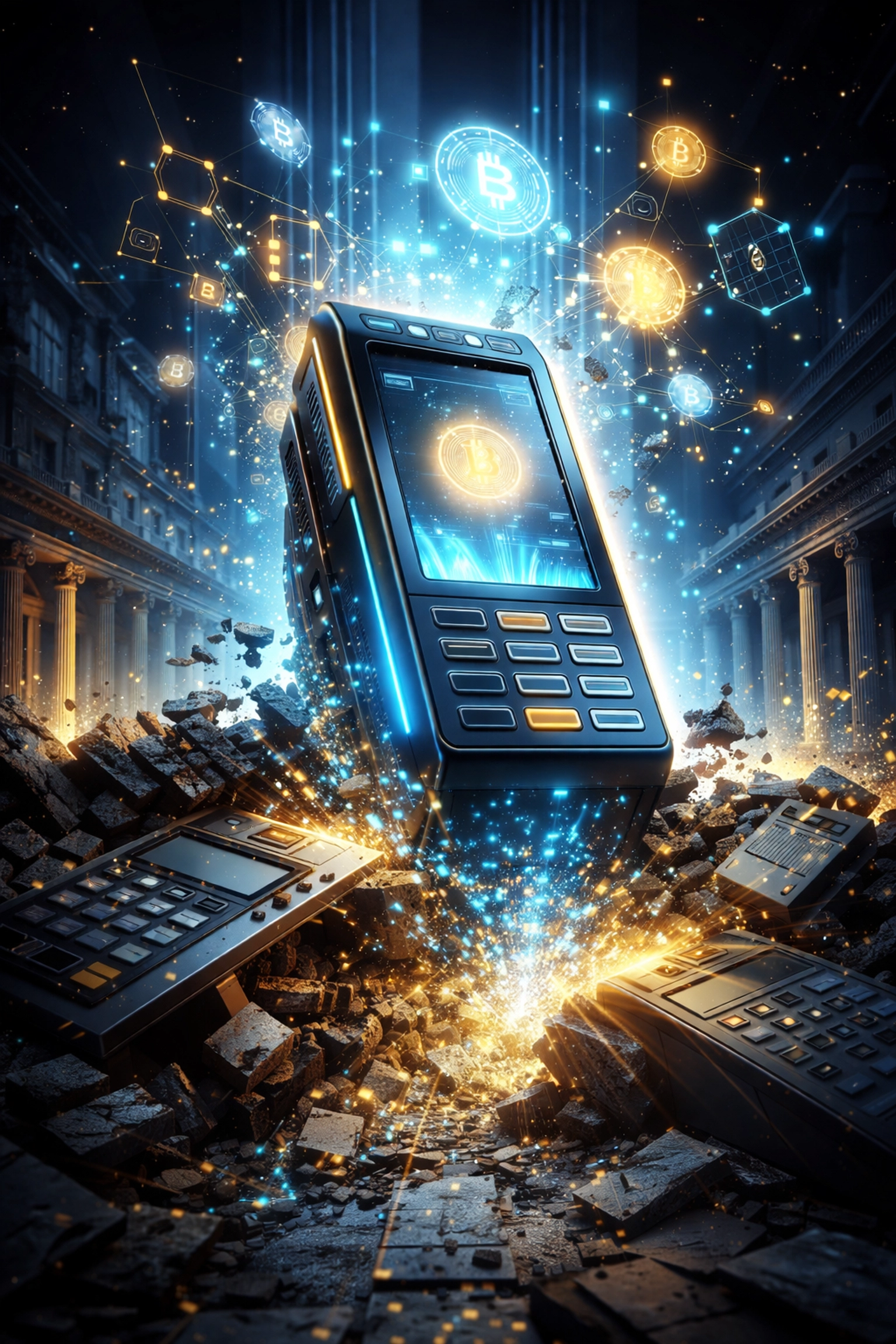 A digital payment terminal replaces crumbling credit card machines, symbolizing the shift from traditional to Web3 global payment systems.