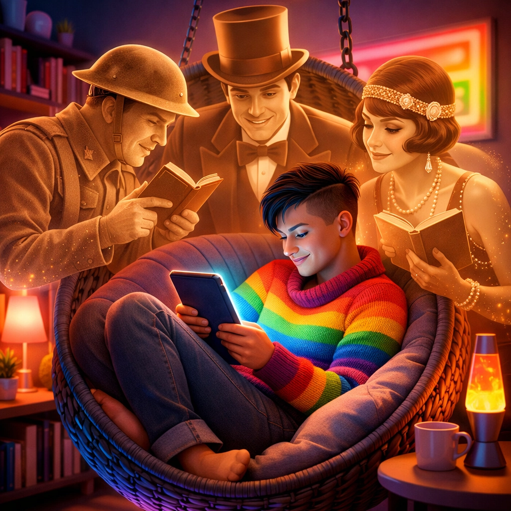A modern reader with an e-book surrounded by spectral figures from different eras of LGBTQ history.