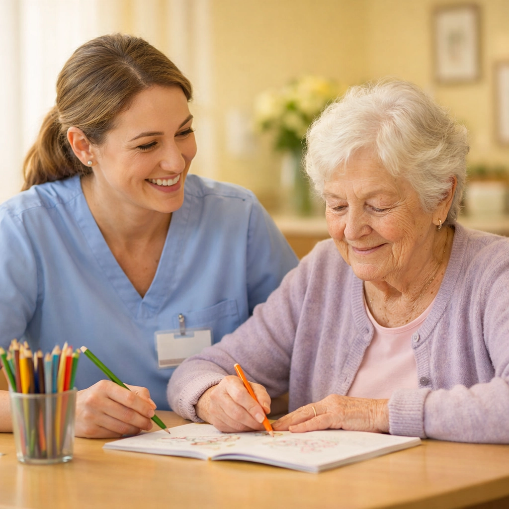 Memory care staff member engaging elderly resident in appropriate dementia care activity