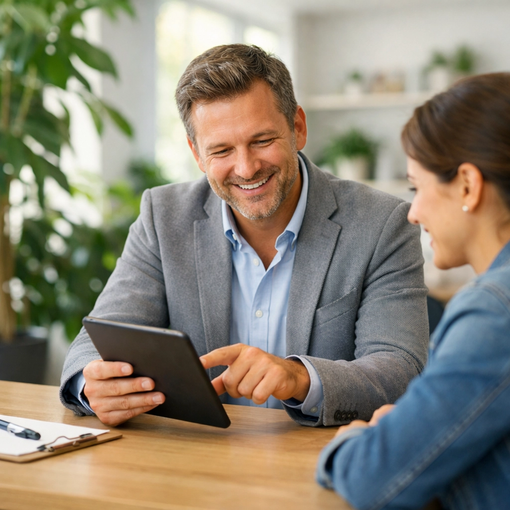 A professional Woking mortgage advisor discussing buy-to-let rates with a property investor.
