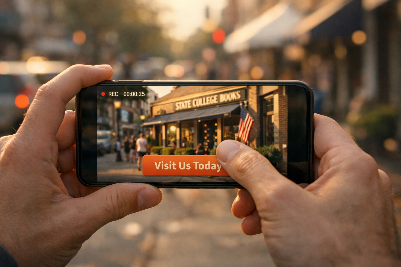 Filming small business storefront with smartphone in downtown State College