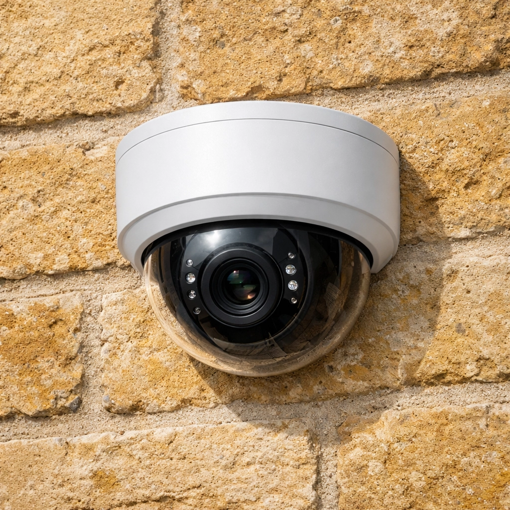 Professional CCTV installation Oxford featuring a sleek dome camera mounted neatly on a stone wall.