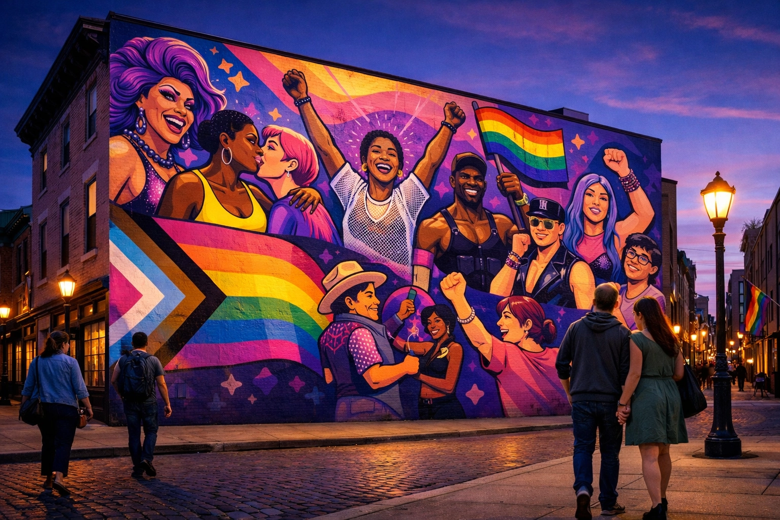 Philadelphia Gayborhood LGBTQ+ street art mural at dusk on three-story building