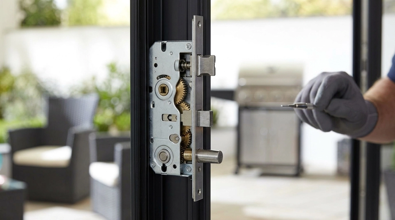 Technician inspecting a complex bifold door gearbox mechanism