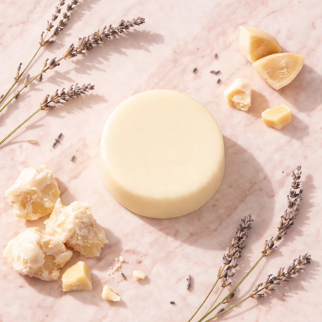 Traditional solid lotion bar with shea butter, cocoa butter, and dried lavender on pink marble for moisturizing skin