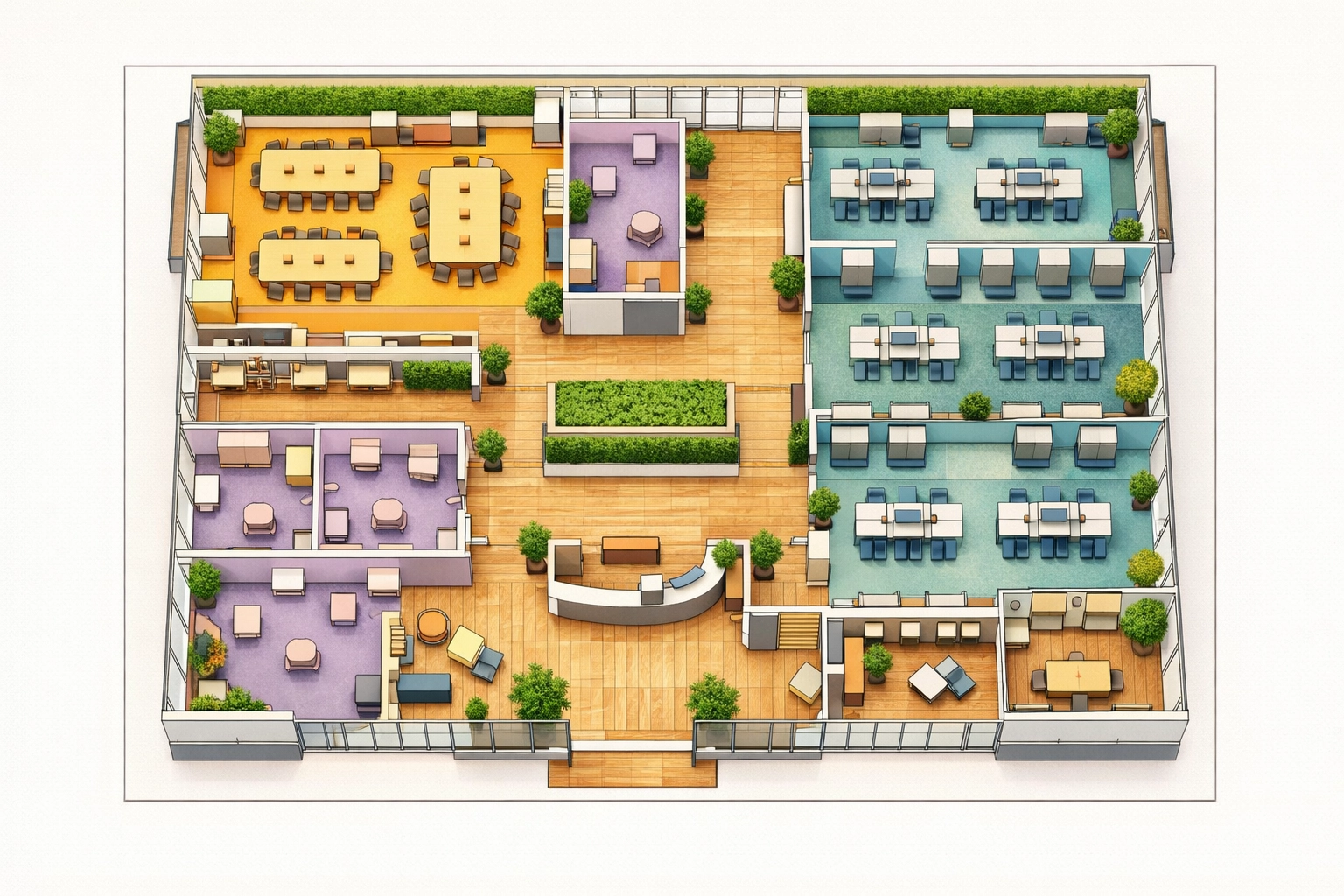 Office floor plan showing color-coded sensory zones for collaboration, focus, and quiet retreat spaces