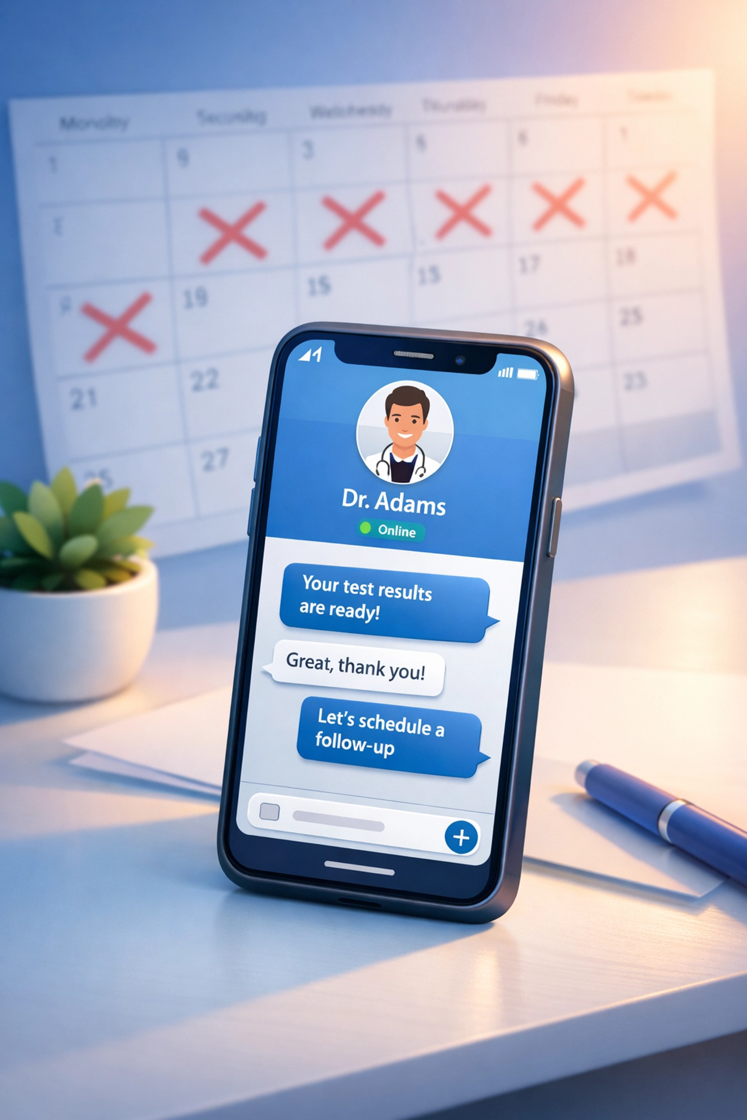 Smartphone showing online doctor chat interface with canceled appointment calendar in background