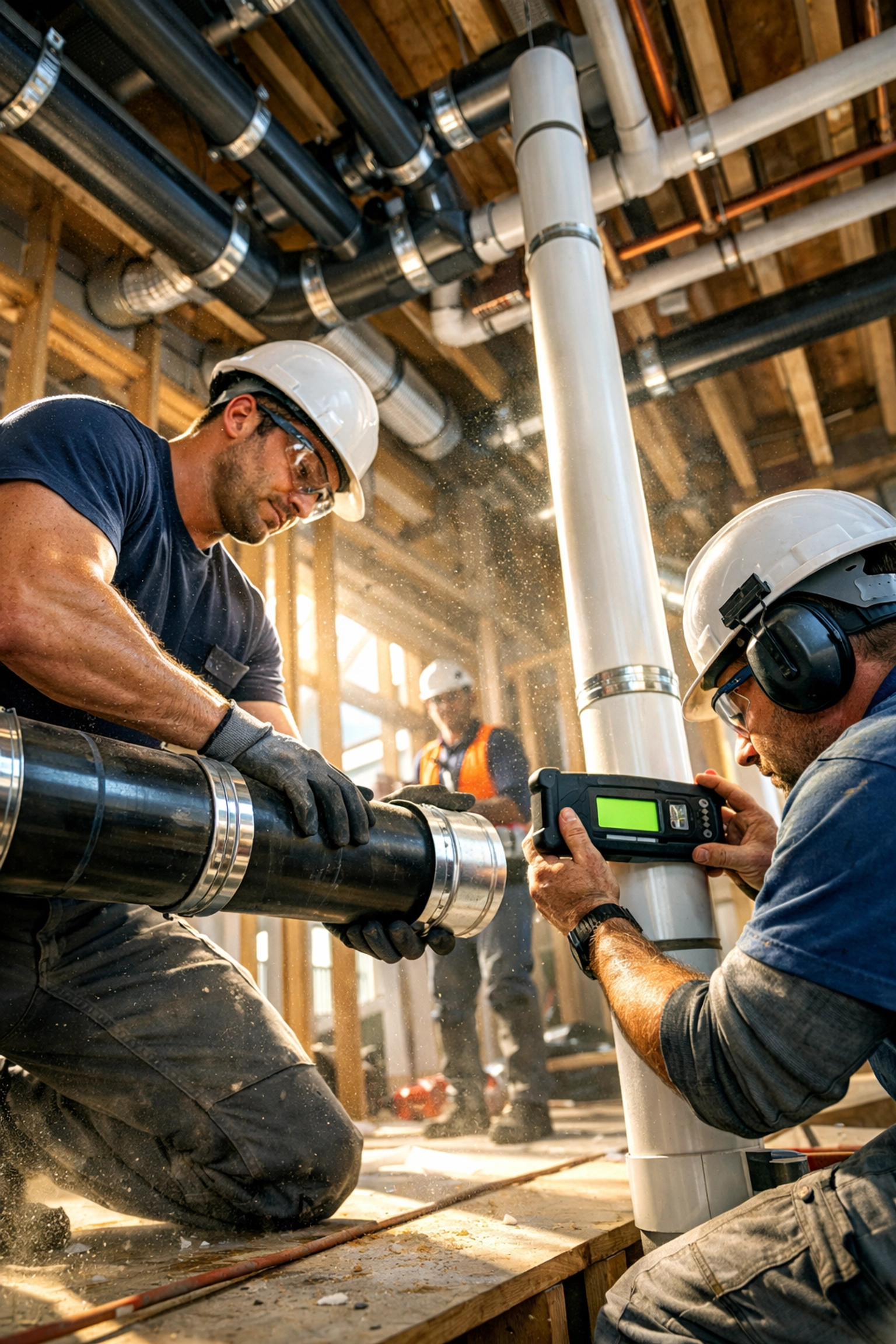 Expert plumbing team performing high-quality pipe installation for a new apartment building.