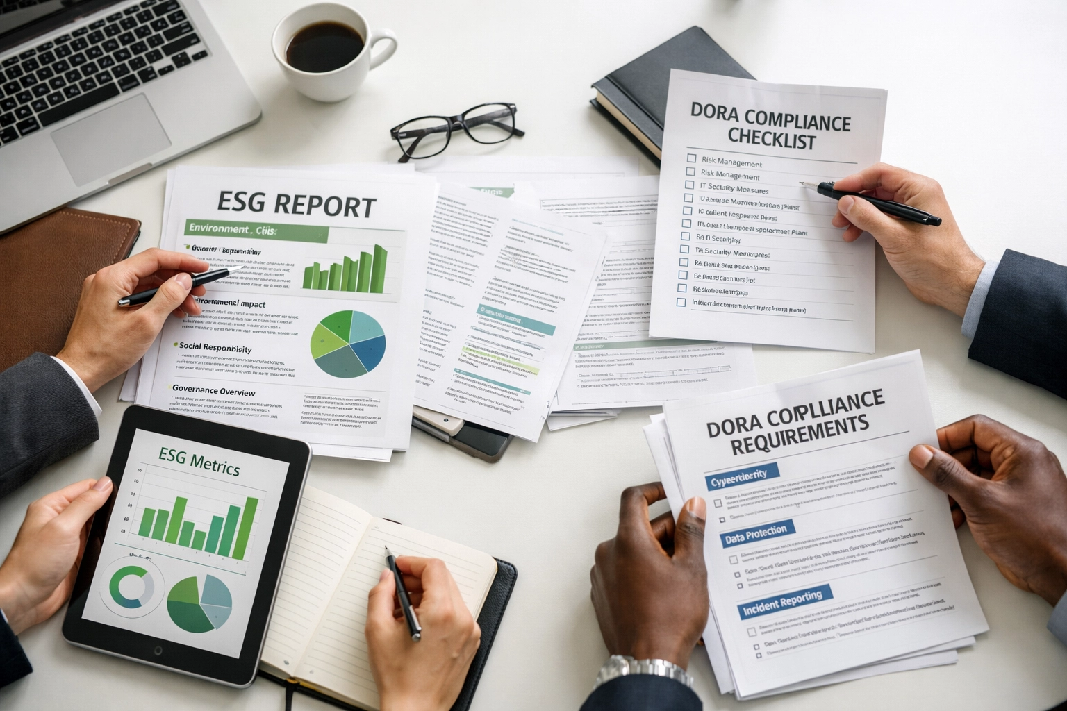Business professionals conducting DORA compliance audit and ESG reporting review