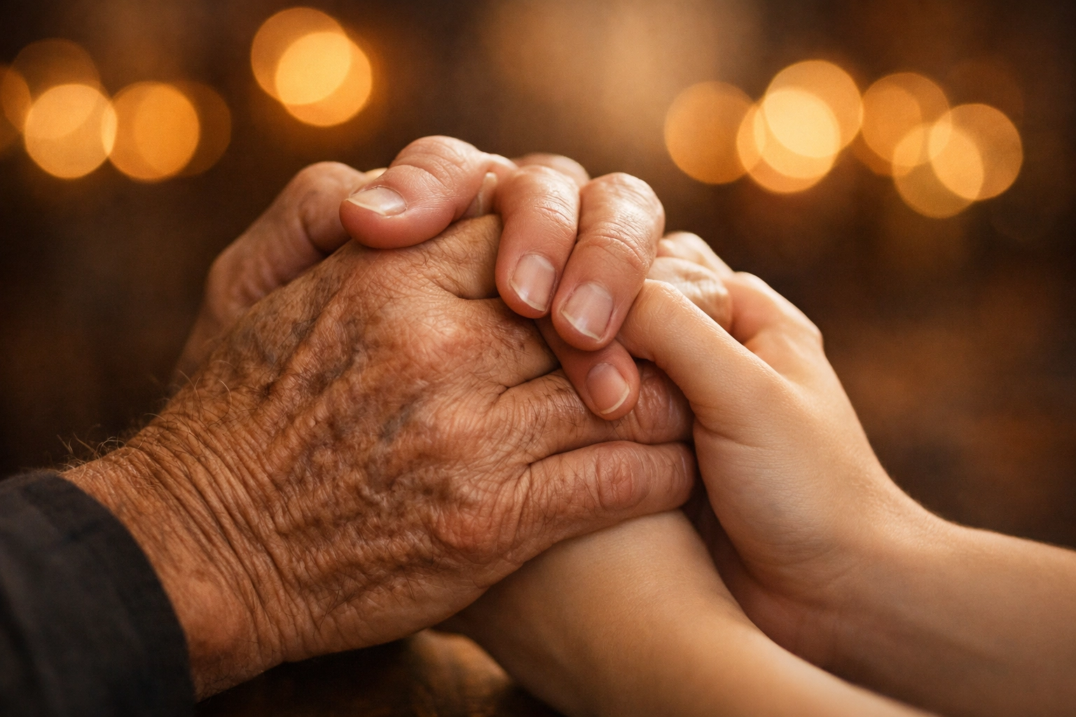 An older hand holding a younger hand in prayer, symbolizing church support for new believers in Peru.