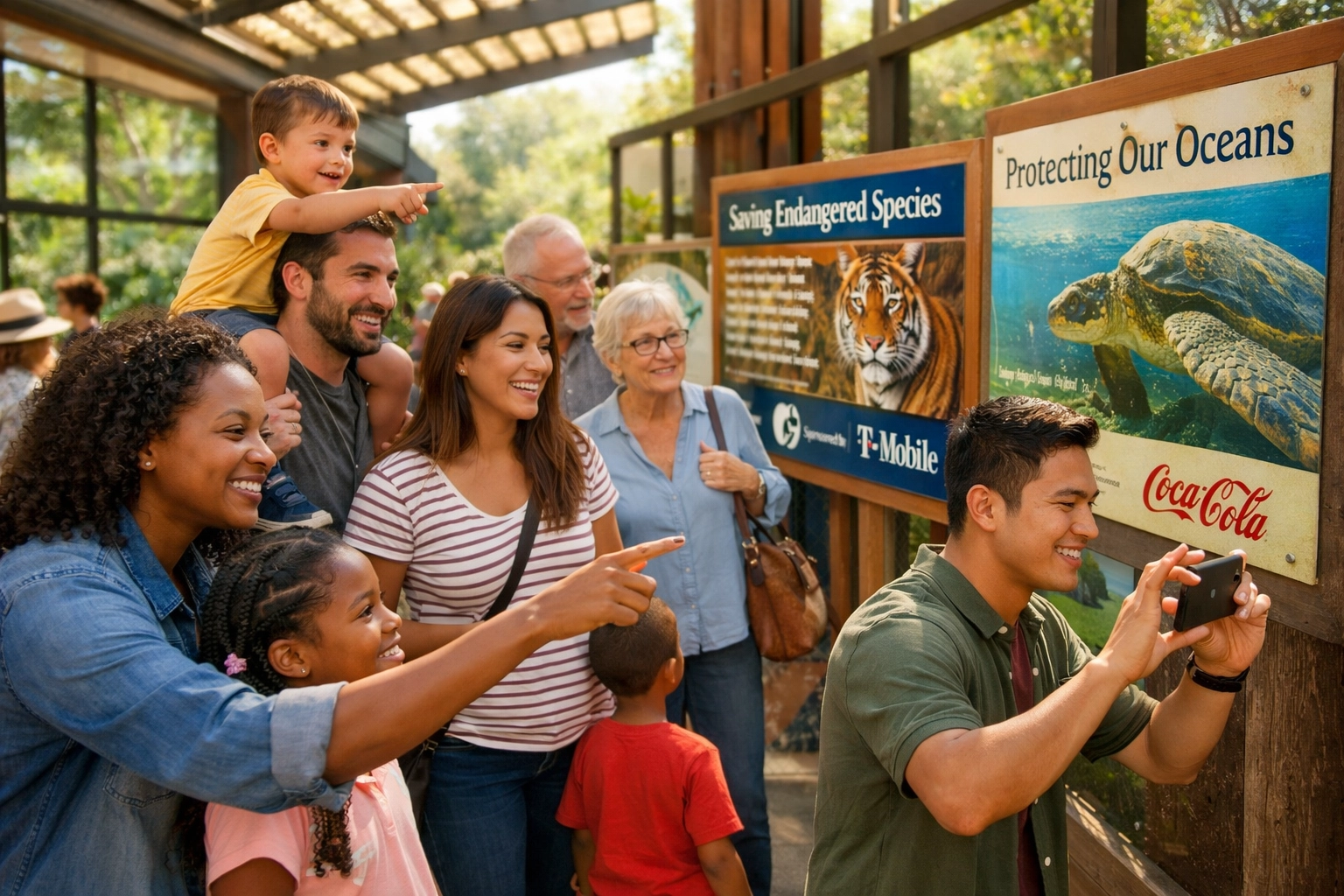 Diverse families engaged with conservation exhibits showing authentic brand alignment at zoo