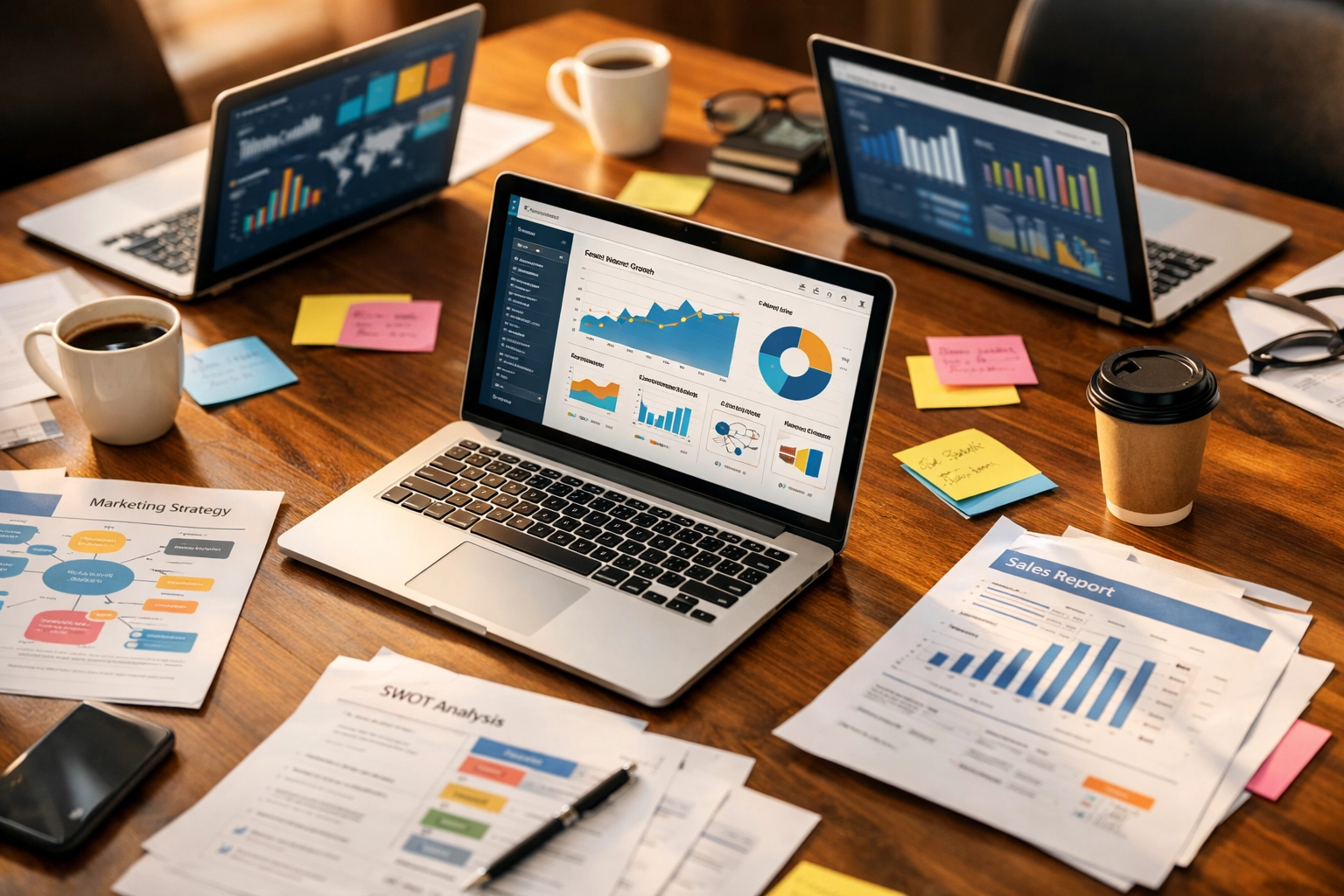 Multi-company press distribution workspace with laptops displaying strategic planning dashboards